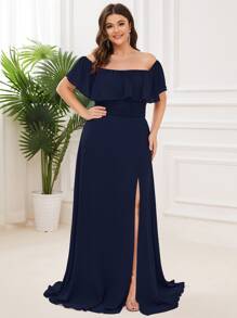 大碼開衩大腿荷葉邊露肩舞會連衣裙