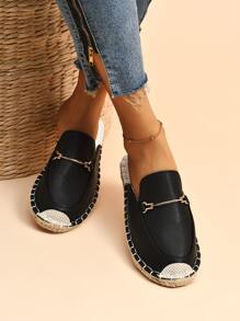 Giày đế bằng Espadrille dành cho nữ trong kỳ nghỉ, Giày đế bằng kim loại dập nổi vải - màu đen - Xem 1