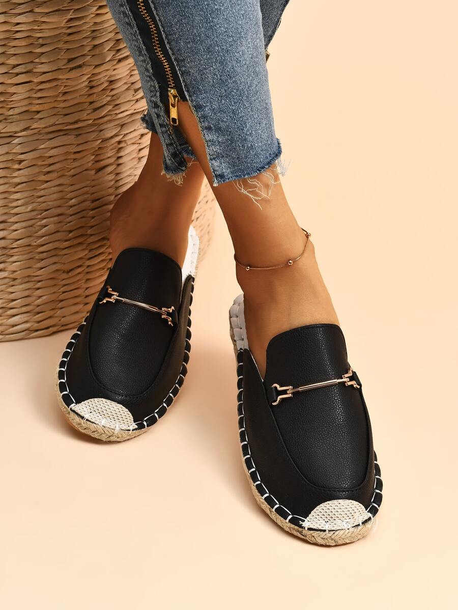 Giày đế bằng Espadrille dành cho nữ trong kỳ nghỉ, Giày đế bằng kim loại dập nổi vải - màu đen - Xem 1