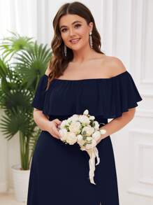 大碼開衩大腿荷葉邊露肩舞會連衣裙