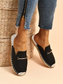 Giày đế bằng Espadrille dành cho nữ trong kỳ nghỉ, Giày đế bằng kim loại dập nổi vải - màu đen - Xem 2