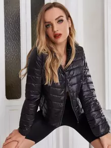 ZIAI Women's Lightweight Down Jacket, Solid Color Stand Collar, Winter - Black - View 3