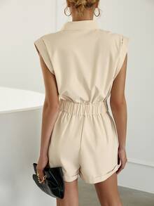 Sollinarry Women's Summer Solid Color Minimalist Casual Jumpsuit With Lapel - Khaki - View 2