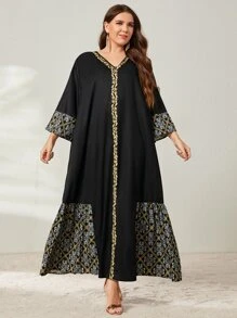 Al Najma Plus Floral Print Contrast Tape Ruffle Hem Dress - Black - View 1