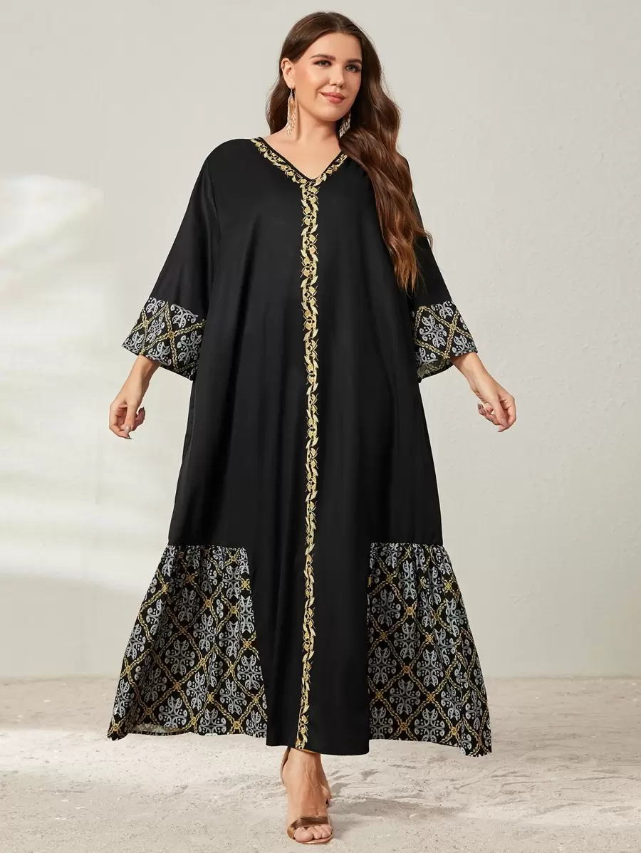 Al Najma Plus Floral Print Contrast Tape Ruffle Hem Dress - Black - View 1