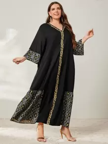 Al Najma Plus Floral Print Contrast Tape Ruffle Hem Dress - Black - View 4