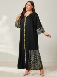 Al Najma Plus Floral Print Contrast Tape Ruffle Hem Dress - Black - View 2