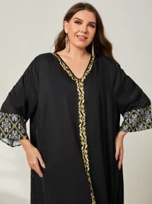 Al Najma Plus Floral Print Contrast Tape Ruffle Hem Dress - Black - View 5