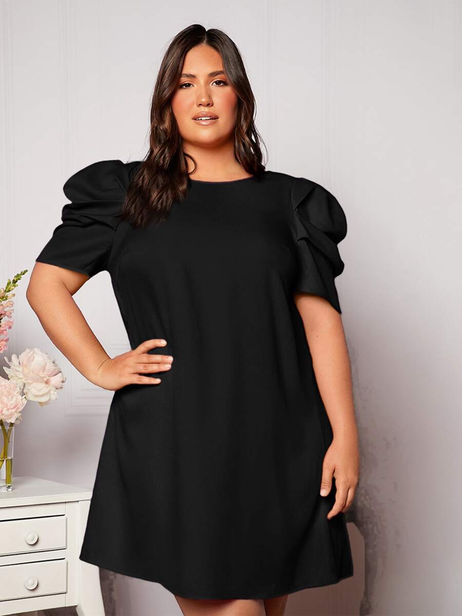 SHEIN Privé Plus Puff Sleeve Solid Backless Dress - Black - View 1
