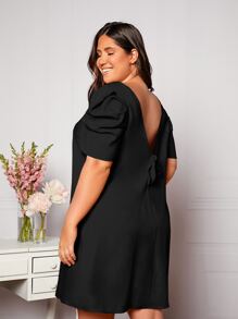 SHEIN Privé Plus Puff Sleeve Solid Backless Dress - Black - View 2