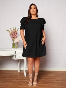 SHEIN Privé Plus Puff Sleeve Solid Backless Dress - Black - View 3