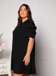 SHEIN Privé Plus Puff Sleeve Solid Backless Dress - Black - View 4