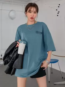 DAZY Letter Graphic Drop Shoulder Tee Summer Oversized T-Shirt - Dusty Blue - View 5