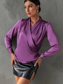 Chiquease Áo sơ mi nữ Trọn gói Vắt màu trơn Hấp dẫn - Màu tím - Xem 4