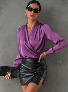 Chiquease Áo sơ mi nữ Trọn gói Vắt màu trơn Hấp dẫn - Màu tím - Xem 6