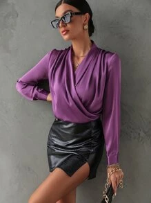 Chiquease Áo sơ mi nữ Trọn gói Vắt màu trơn Hấp dẫn - Màu tím - Xem 7