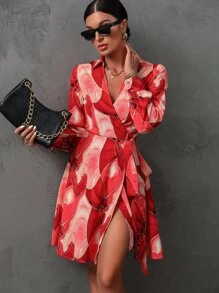 SHEIN Privé Allover Print Knot Side Wrap Dress - Red - View 1