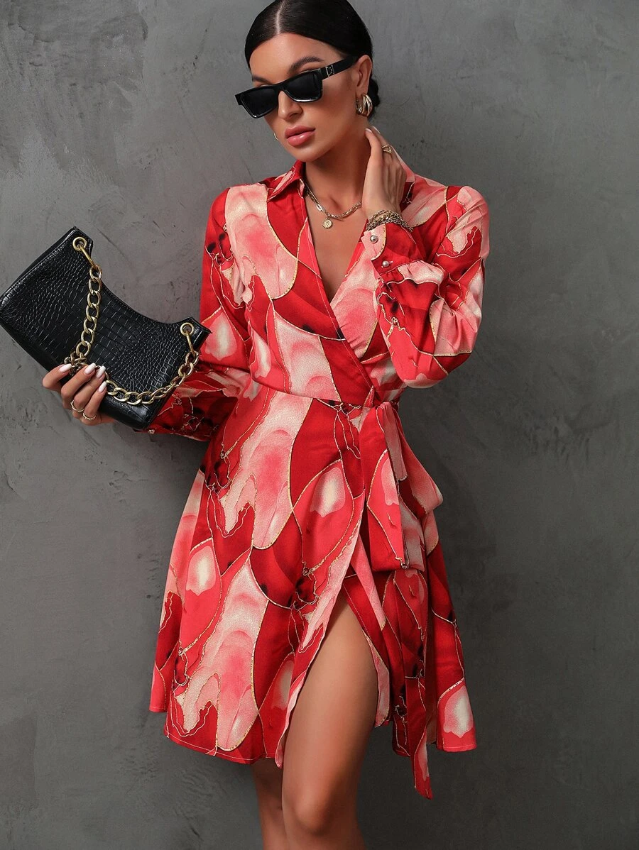 SHEIN Privé Allover Print Knot Side Wrap Dress - Red - View 1
