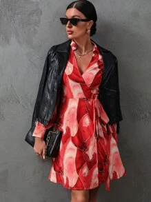 SHEIN Privé Allover Print Knot Side Wrap Dress - Red - View 3