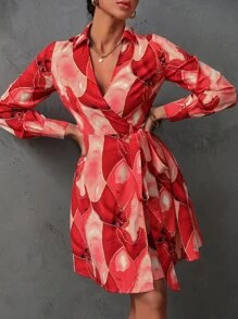 SHEIN Privé Allover Print Knot Side Wrap Dress - Red - View 4