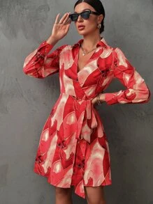 SHEIN Privé Allover Print Knot Side Wrap Dress - Red - View 6