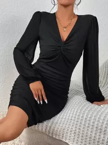 SHEIN Frenchy Twist Front Ruched Bodycon Dress - Black - View 6