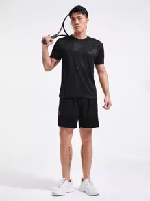 Manfinity Sport Corelite Camiseta deportiva con estampado geométrico para hombre, parte superior de conjunto combinado para entrenamiento de hombre, conjunto combinado para hombre - Negro - Ver 3