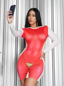 SHEIN SXY 3D Body Print Bodycon Dress - Red and White - View 1