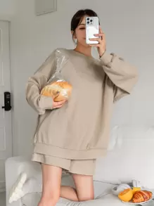 DAZY Waffle Knit Drop Shoulder Lounge Set - Khaki - View 1