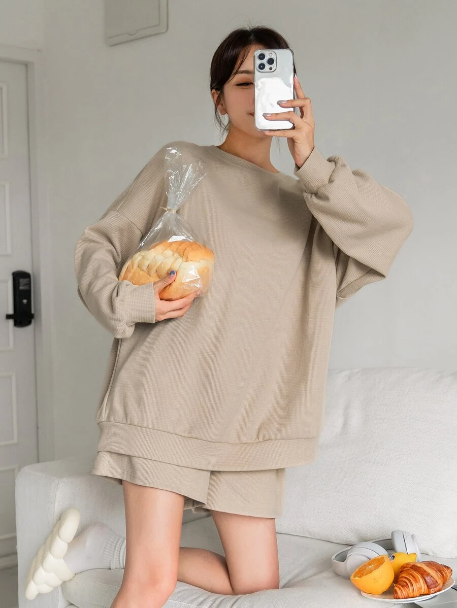 DAZY Waffle Knit Drop Shoulder Lounge Set - Khaki - View 1