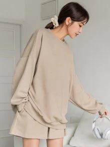 DAZY Waffle Knit Drop Shoulder Lounge Set - Khaki - View 4