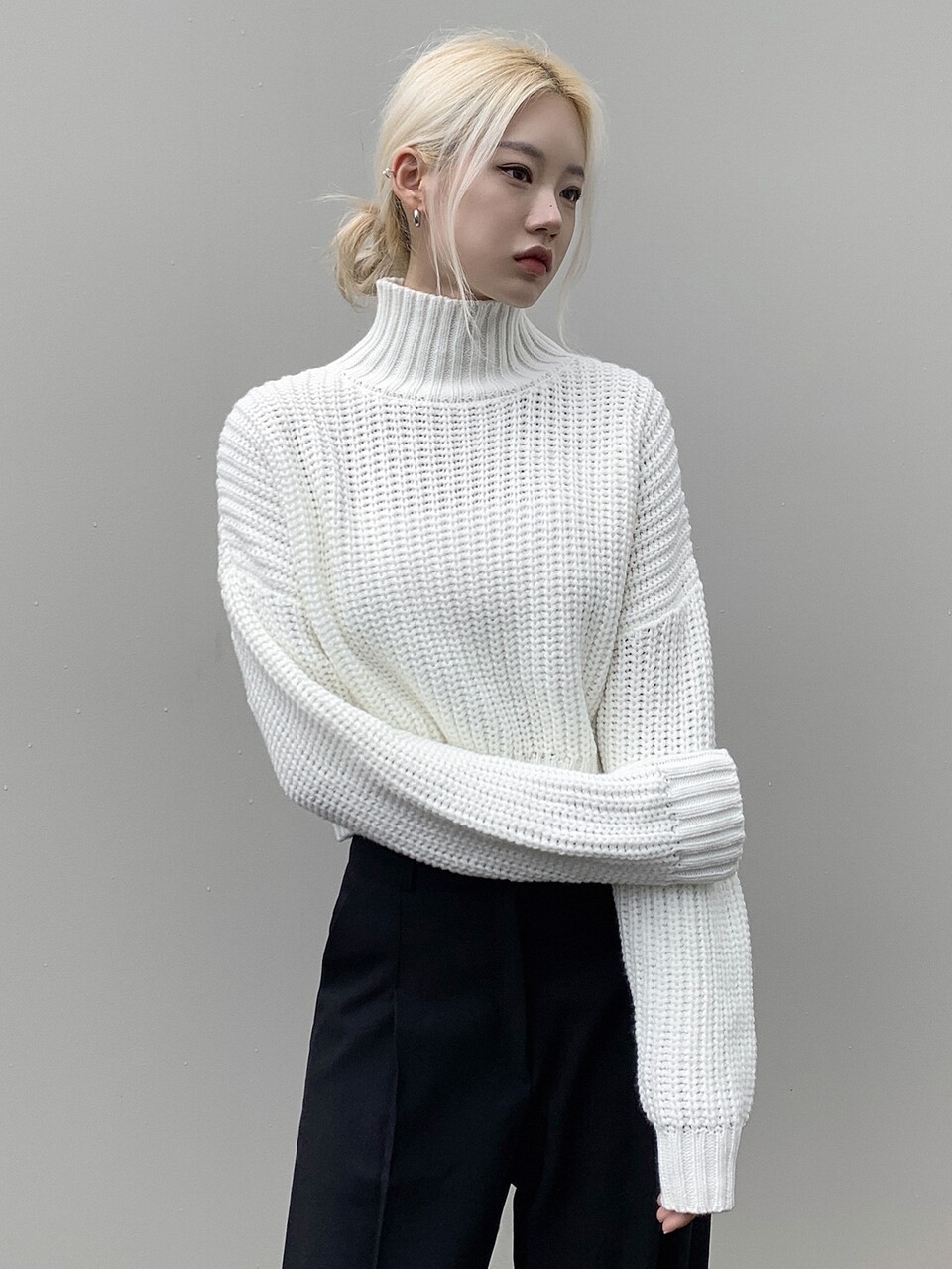 High Neck Drop Shoulder Crop Sweater Fall,Winter