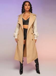 SHEIN SXY Contrast Raglan Sleeve Double Breasted Split Back Belted Trench Coat - Khaki - View 1