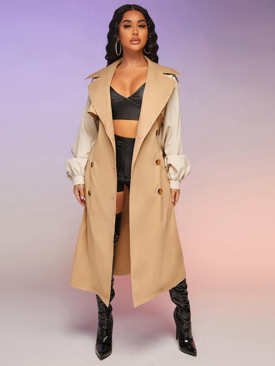 SHEIN SXY Contrast Raglan Sleeve Double Breasted Split Back Belted Trench Coat - Khaki - View 1