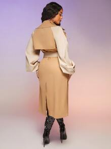 SHEIN SXY Contrast Raglan Sleeve Double Breasted Split Back Belted Trench Coat - Khaki - View 2