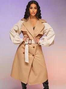 SHEIN SXY Contrast Raglan Sleeve Double Breasted Split Back Belted Trench Coat - Khaki - View 3