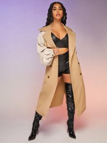 SHEIN SXY Contrast Raglan Sleeve Double Breasted Split Back Belted Trench Coat - Khaki - View 5