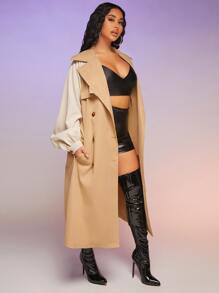 SHEIN SXY Contrast Raglan Sleeve Double Breasted Split Back Belted Trench Coat - Khaki - View 6