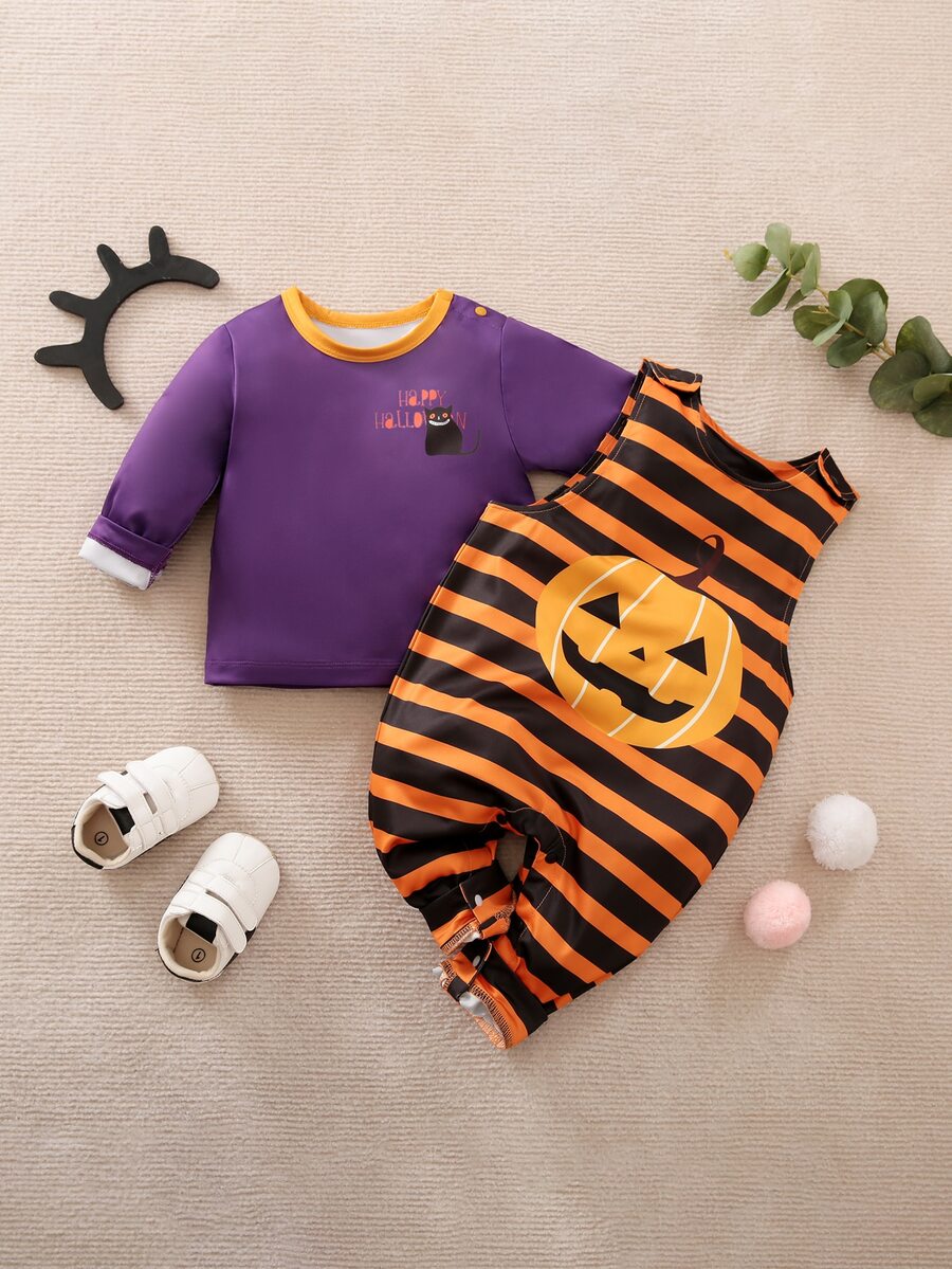 Yierying Baby Halloween Print Contrast Binding Tee & Striped Jumpsuit - Multicolor - View 1