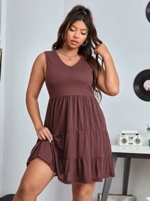 SHEIN EZwear 大碼素色多層連衣裙 - 酒紅色 - 查看 1