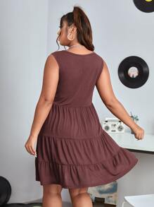 SHEIN EZwear 大碼素色多層連衣裙 - 酒紅色 - 查看 2