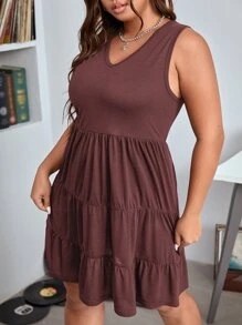 SHEIN EZwear 大碼素色多層連衣裙 - 酒紅色 - 查看 3