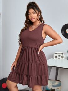 SHEIN EZwear 大碼素色多層連衣裙 - 酒紅色 - 查看 4