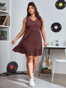 SHEIN EZwear 大碼素色多層連衣裙 - 酒紅色 - 查看 5