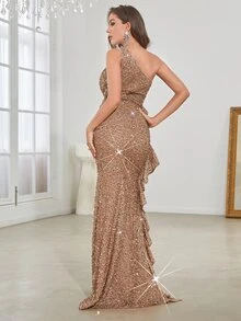 YISIKADO One Shoulder Ruffle Trim Split Thigh Sequin Formal Dress - Camel - View 2