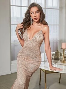 YISIKADO Crisscross Backless Mermaid Hem Sequin Prom Dress - Champagne - View 3