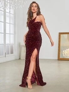 YISIKADO One Shoulder Slit Thigh Sequin Formal Dress - Burgundy - View 6