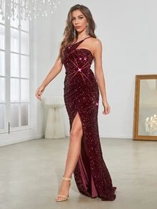 YISIKADO One Shoulder Slit Thigh Sequin Formal Dress - Burgundy - View 4