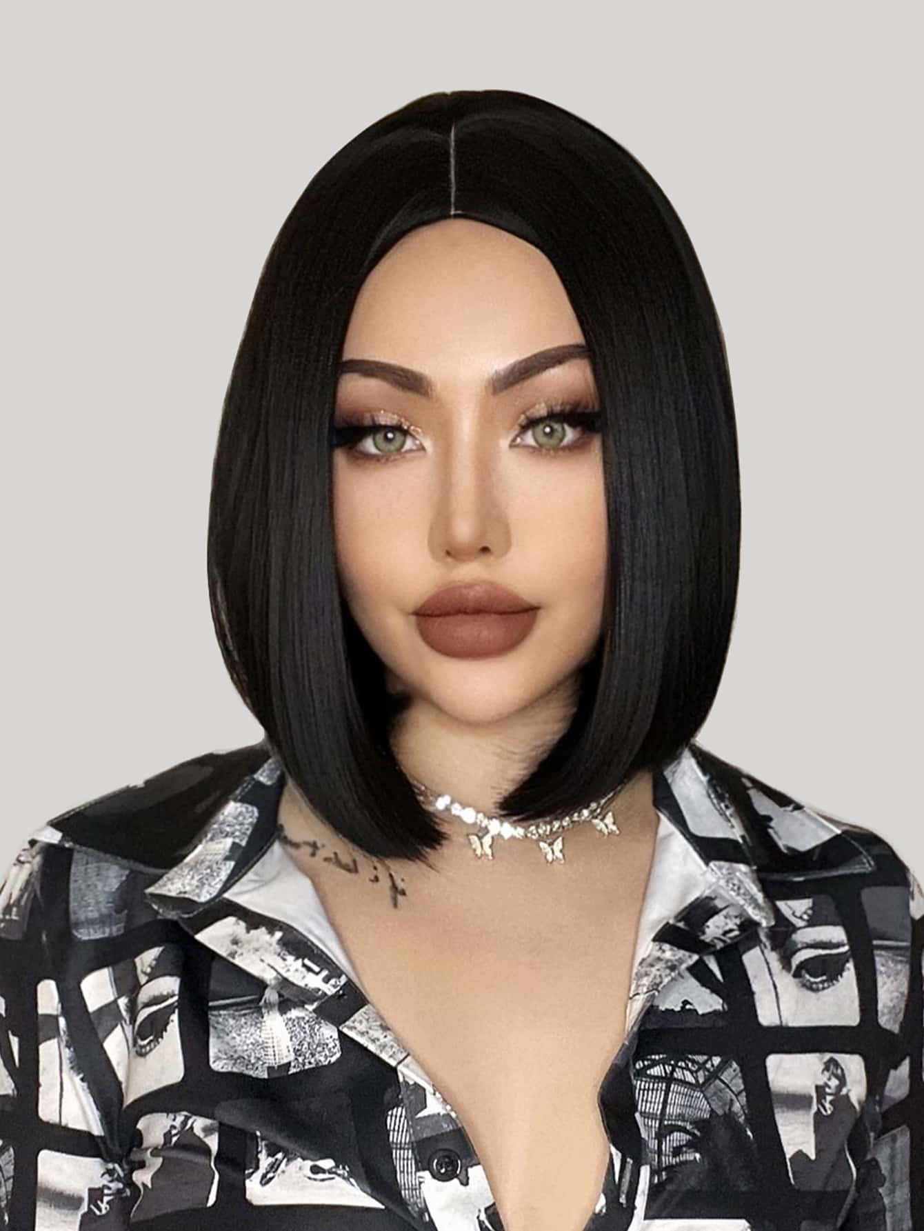 黑色短直鲍勃假发中分 12 英寸时尚女士假发合成耐热假发日常使用假发初学者友好，适合各种场合，包括圣诞节、新年、派对、度假、冬季