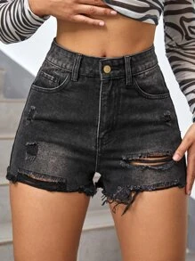 SHEIN EZwear Ripped Raw Hem Solid Denim Shorts - Black - View 4